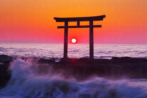 日本 關東 茨城 鳥居 神社 海岸 浪花